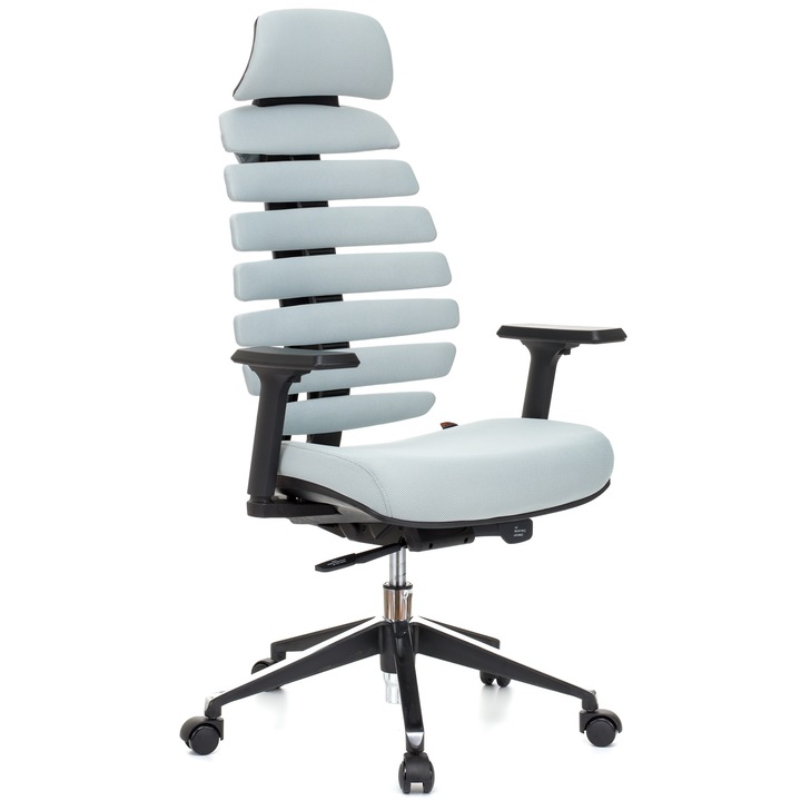 QMOBILI ERGO LINE HI Világos szürke ergonomikus szék, szövet, fejtámla, csúszó ülés, önállóan állítható deréktámasz, állítható 3D karfa, alumínium csillagláb, gumírozott görgők