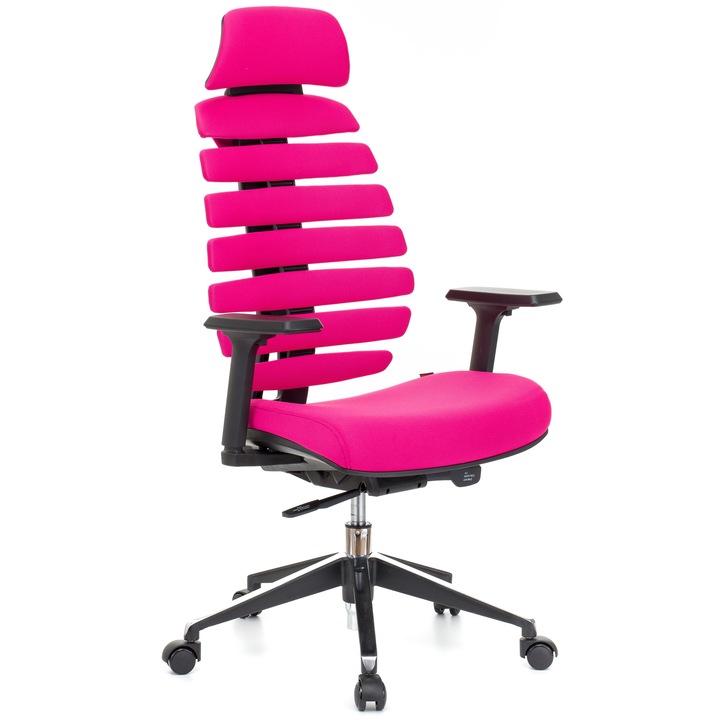 QMOBILI ERGO LINE HI Rózsaszín fukszia ergonomikus szék, szövet, fejtámla, csúszó ülés, önállóan állítható deréktámasz, állítható 3D karfa, alumínium csillagláb, gumírozott görgők