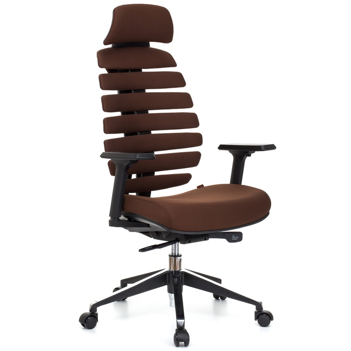 QMOBILI ERGO LINE HI Barna ergonomikus szék, szövet, fejtámla, csúszó ülés, önállóan állítható deréktámasz, állítható 3D karfa, alumínium csillagláb, gumírozott görgők