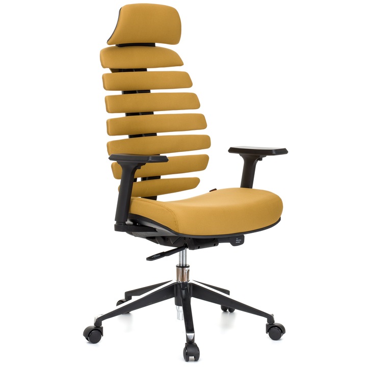 QMOBILI ERGO LINE HI Mustár ergonomikus szék, szövet, fejtámla, csúszó ülés, önállóan állítható deréktámasz, állítható 3D karfa, alumínium csillagláb, gumírozott görgők