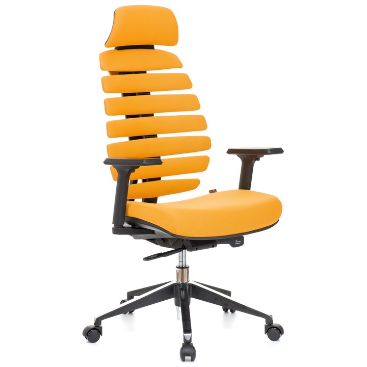 QMOBILI ERGO LINE HI Sárga ergonomikus szék, szövet, fejtámla, csúszó ülés, önállóan állítható deréktámasz, állítható 3D karfa, alumínium csillagláb, gumírozott görgők