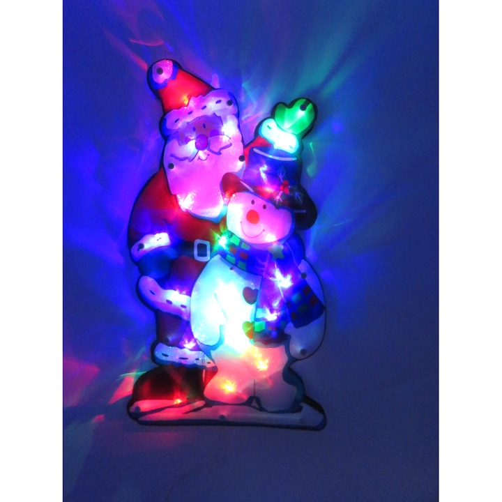 Decoratiune craciun, ornament pentru geam, 45/24 cm, Mos Craciun cu om de zapada, multicolor cu luminite multicolore