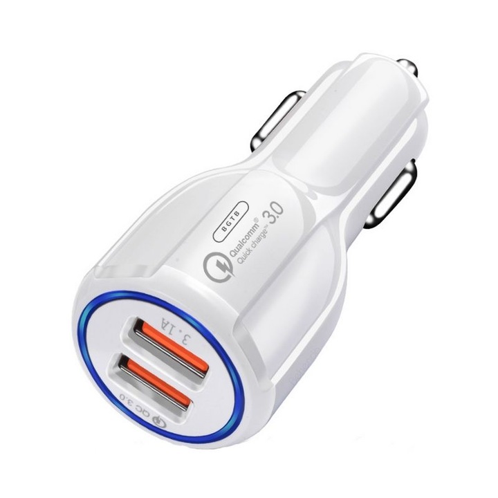 BGTB Autós töltő, 2 USB porttal, Qualcomm Quick Charge 3.0 , Fehér