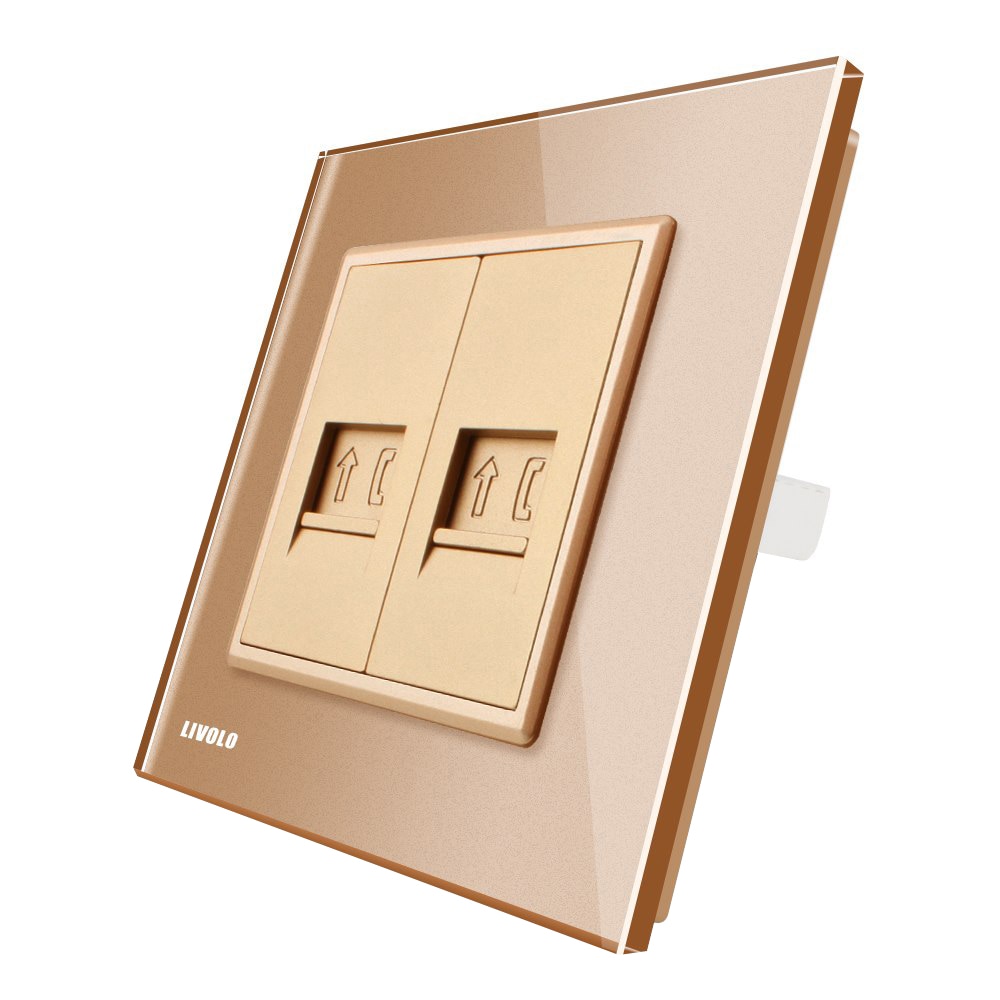 Priza dubla Telefon Livolo cu rama din sticla, Auriu