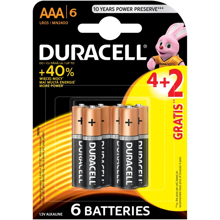 Baterii Alcaline Duracell Basic AAA, 4+2 buc