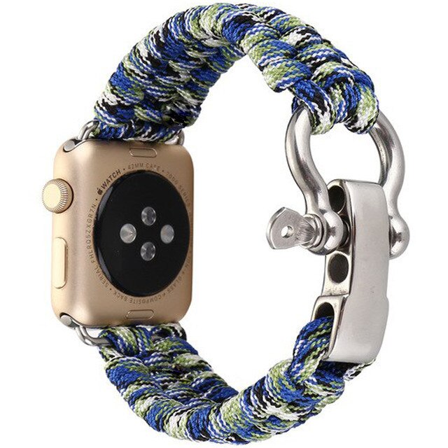 Curea iUni compatibila cu Apple Watch 1/2/3/4/5/6, 44mm, Elastic Paracord, Rugged Nylon Rope, Blue and Green