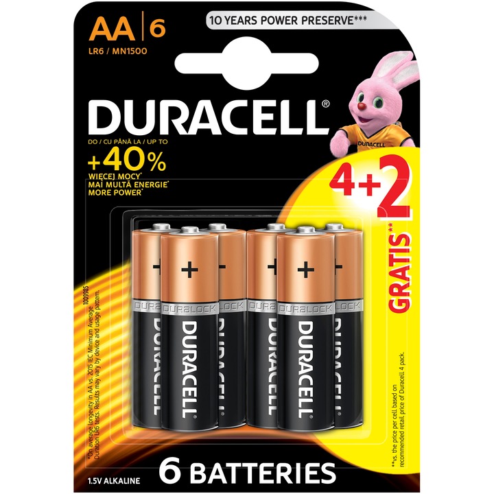 Baterii Alcaline Duracell Basic AA, 4+2 buc