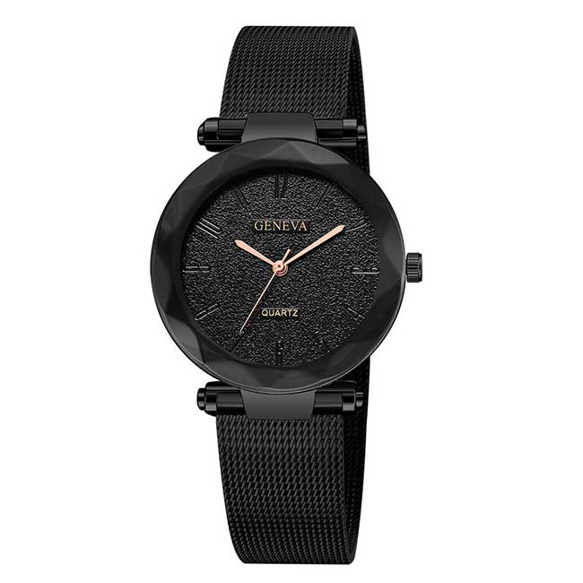 Ceas Geneva Dama Quartz Casual Elegant Negru, PN999513NU, curea din metal (mesh), afisaj Analog