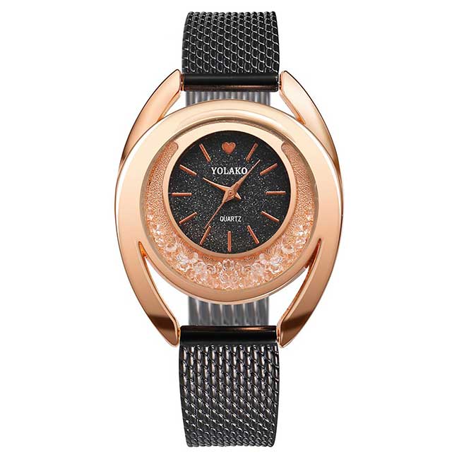 Ceas Yazole Dama Quartz Casual Elegant Negru-rose, PN999567NRE, curea din metal (mesh), afisaj Analog