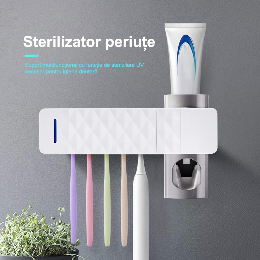 Suport si Dozator Pentru Periute si Pasta de Dinti cu Functie de Sterilizare Antibacteriala 