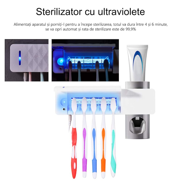Професионален технологичен държач и дозатор за четки за зъби и паста за зъби с функция за антибактериална стерилизация с UV светлина - Gaia Home Collection