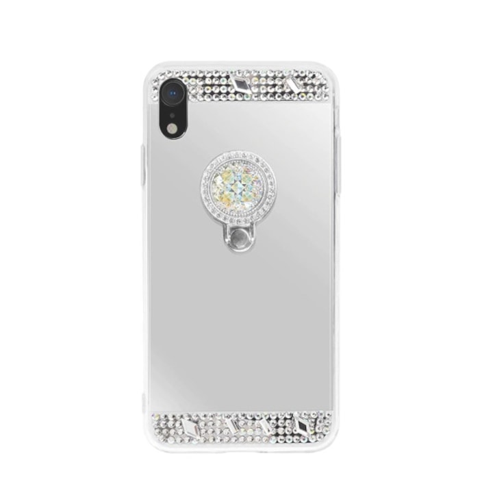 Husa oglinda, pietricele si inel compatibila cu Iphone Xs Max Argintiu