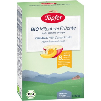 Cereale BIO gris de grau cu lapte, mere, banane si portocale Topfer, 200 g, de la 6 luni Cereale BIO gris de grau cu lapte, mere, banane si portocale Topfer, 200 g, de la 6 luni