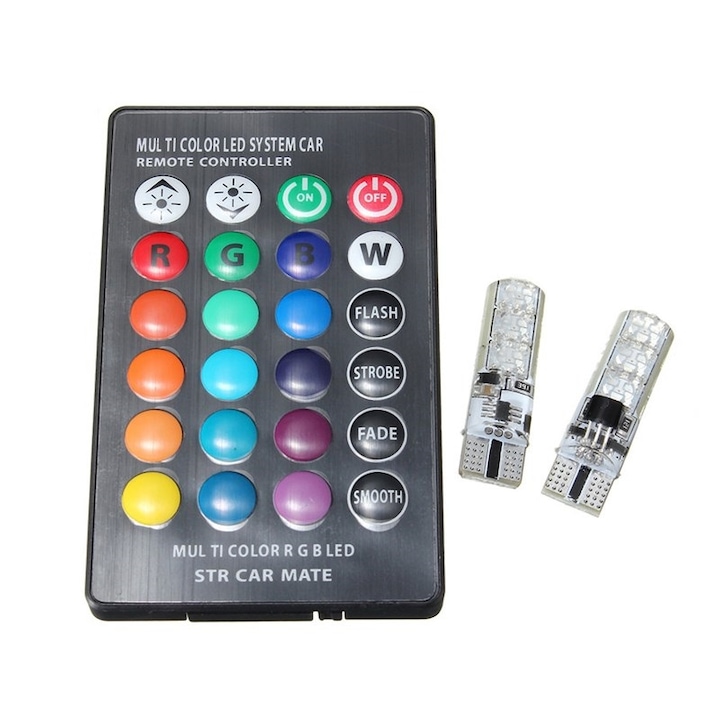 W5W, T10 LED RGB színes izzók, 12V, készlet: 2 izzó + távirányító, 2x 160lm