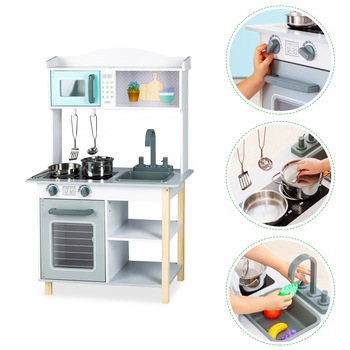 Bucatarie moderna pentru copii, design durabil, calitate premium, din lemn natural, DREAM KITCHEN, cu cuptor, chiuveta, cuptor cu microunde, plita si multiple accesorii pentru gatit, 85 cm inaltime, Gri/Turcoaz Bucatarie moderna pentru copii, design durabil, calitate premium, din lemn natural, DREAM KITCHEN, cu cuptor, chiuveta, cuptor cu microunde, plita si multiple accesorii pentru gatit, 85 cm inaltime, Gri/Turcoaz