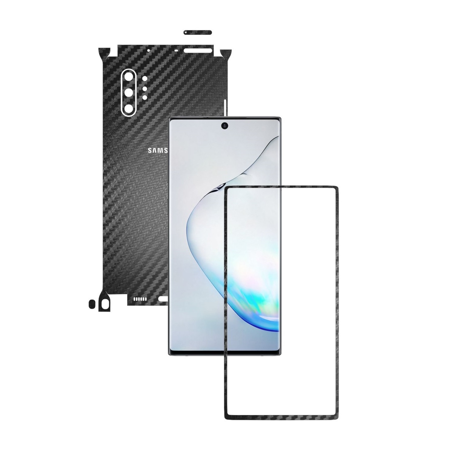 Folie Protectie Carbon Skinz pentru Samsung Galaxy Note 10+ Plus (5G) - Carbon Negru 360 Cut, Skin Adeziv Full Body Cover pentru Rama Ecran, Carcasa Spate si Laterale