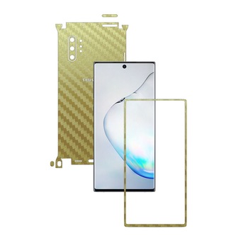 Folie Protectie Carbon Skinz pentru Samsung Galaxy Note 10+ Plus (5G) - Carbon Auriu 360 Cut, Skin Adeziv Full Body Cover pentru Rama Ecran, Carcasa Spate si Laterale