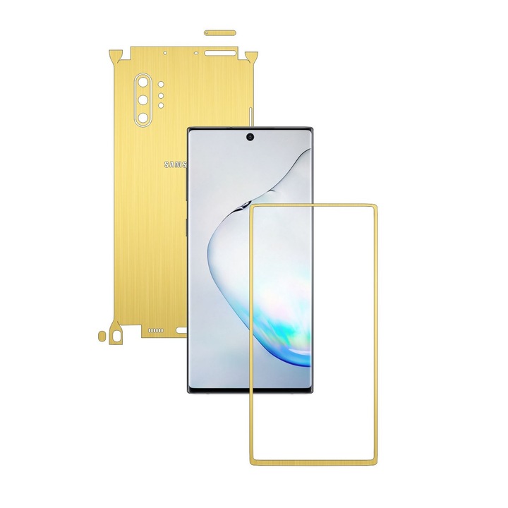 Folie Protectie Carbon Skinz pentru Samsung Galaxy Note 10+ Plus (5G) - Brushed Auriu 360 Cut, Skin Adeziv Full Body Cover pentru Rama Ecran, Carcasa Spate si Laterale