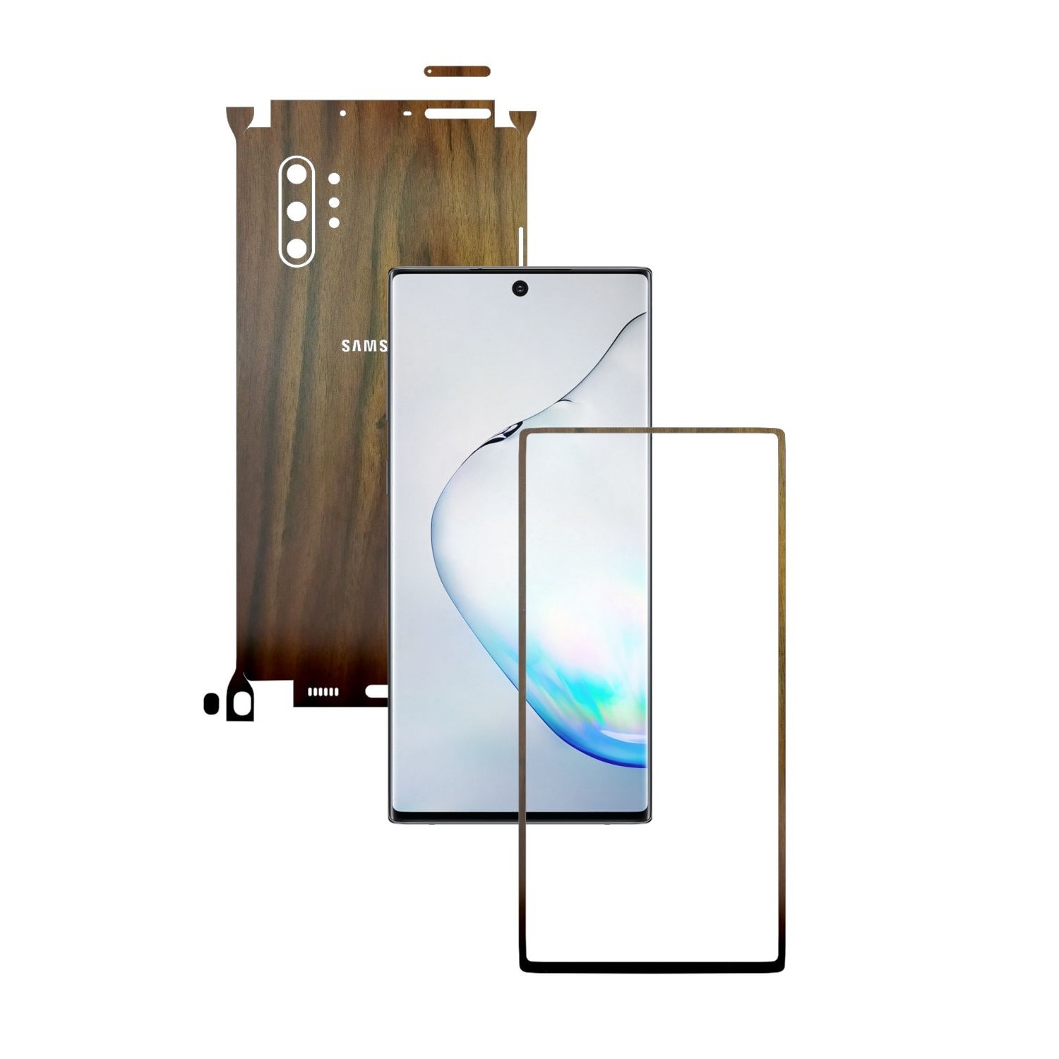 Folie Protectie Carbon Skinz pentru Samsung Galaxy Note 10+ Plus (5G) - Lemn Nuc 360 Cut, Skin Adeziv Full Body Cover pentru Rama Ecran, Carcasa Spate si Laterale