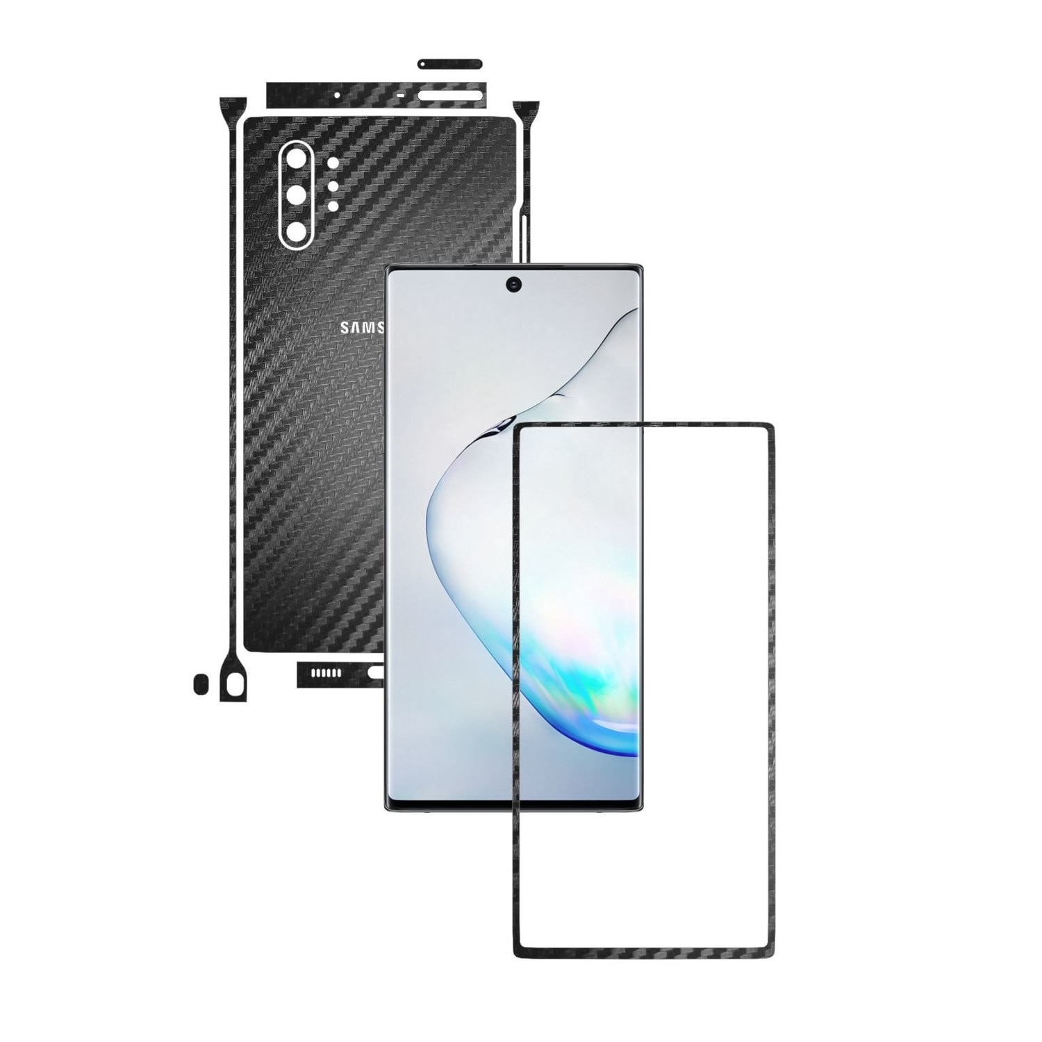 Folie Protectie Carbon Skinz pentru Samsung Galaxy Note 10+ Plus (5G) - Carbon Negru Split Cut, Skin Adeziv Full Body Cover pentru Rama Ecran, Carcasa Spate si Laterale
