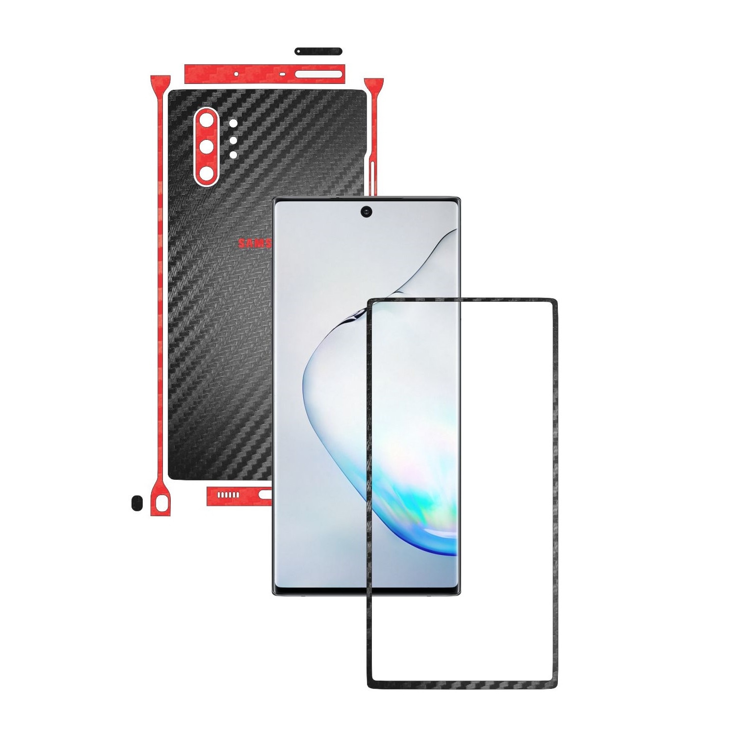 Folie Protectie Carbon Skinz pentru Samsung Galaxy Note 10+ Plus (5G) - Carbon Two Tone Negru / Rosu, Skin Adeziv Full Body Cover pentru Rama Ecran, Carcasa Spate si Laterale