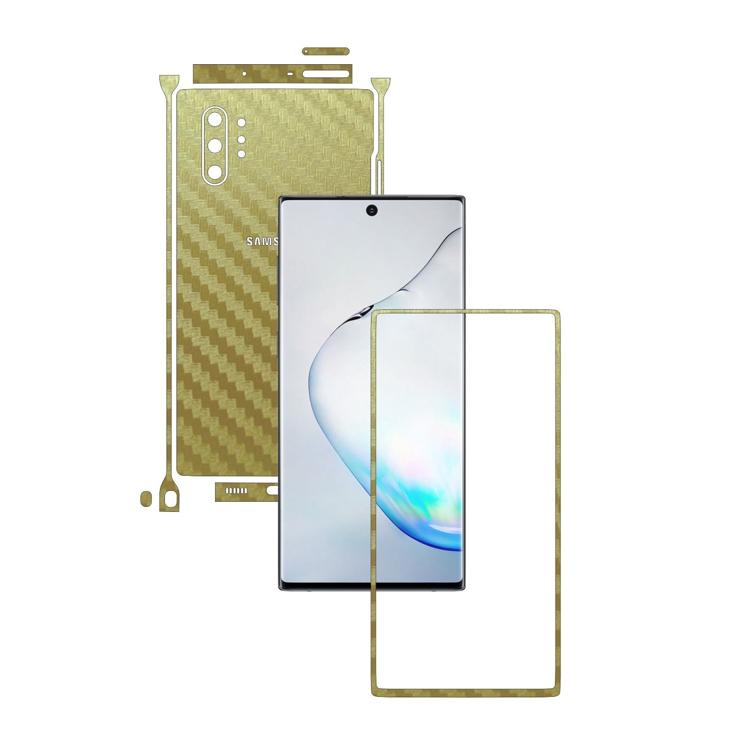 Folie Protectie Carbon Skinz pentru Samsung Galaxy Note 10+ Plus (5G) - Carbon Auriu Split Cut, Skin Adeziv Full Body Cover pentru Rama Ecran, Carcasa Spate si Laterale