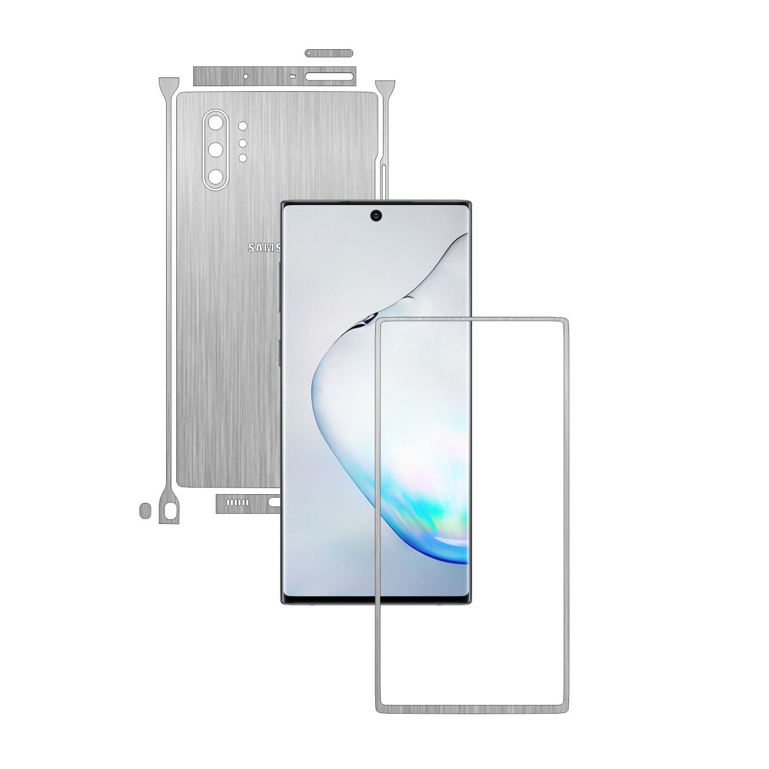 Folie Protectie Carbon Skinz pentru Samsung Galaxy Note 10+ Plus (5G) - Brushed Argintiu Split Cut, Skin Adeziv Full Body Cover pentru Rama Ecran, Carcasa Spate si Laterale
