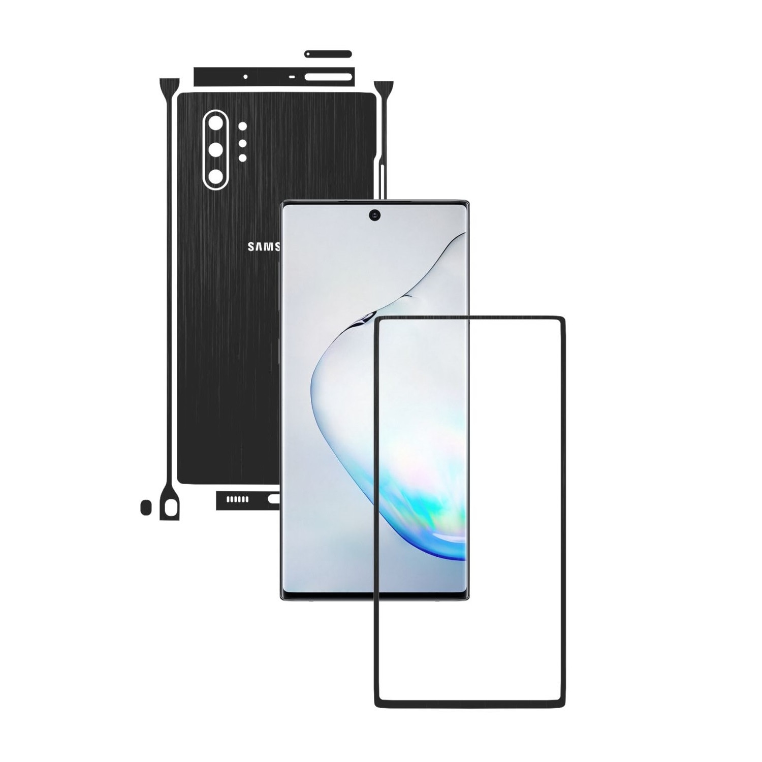 Folie Protectie Carbon Skinz pentru Samsung Galaxy Note 10+ Plus (5G) - Brushed Negru Split Cut, Skin Adeziv Full Body Cover pentru Rama Ecran, Carcasa Spate si Laterale