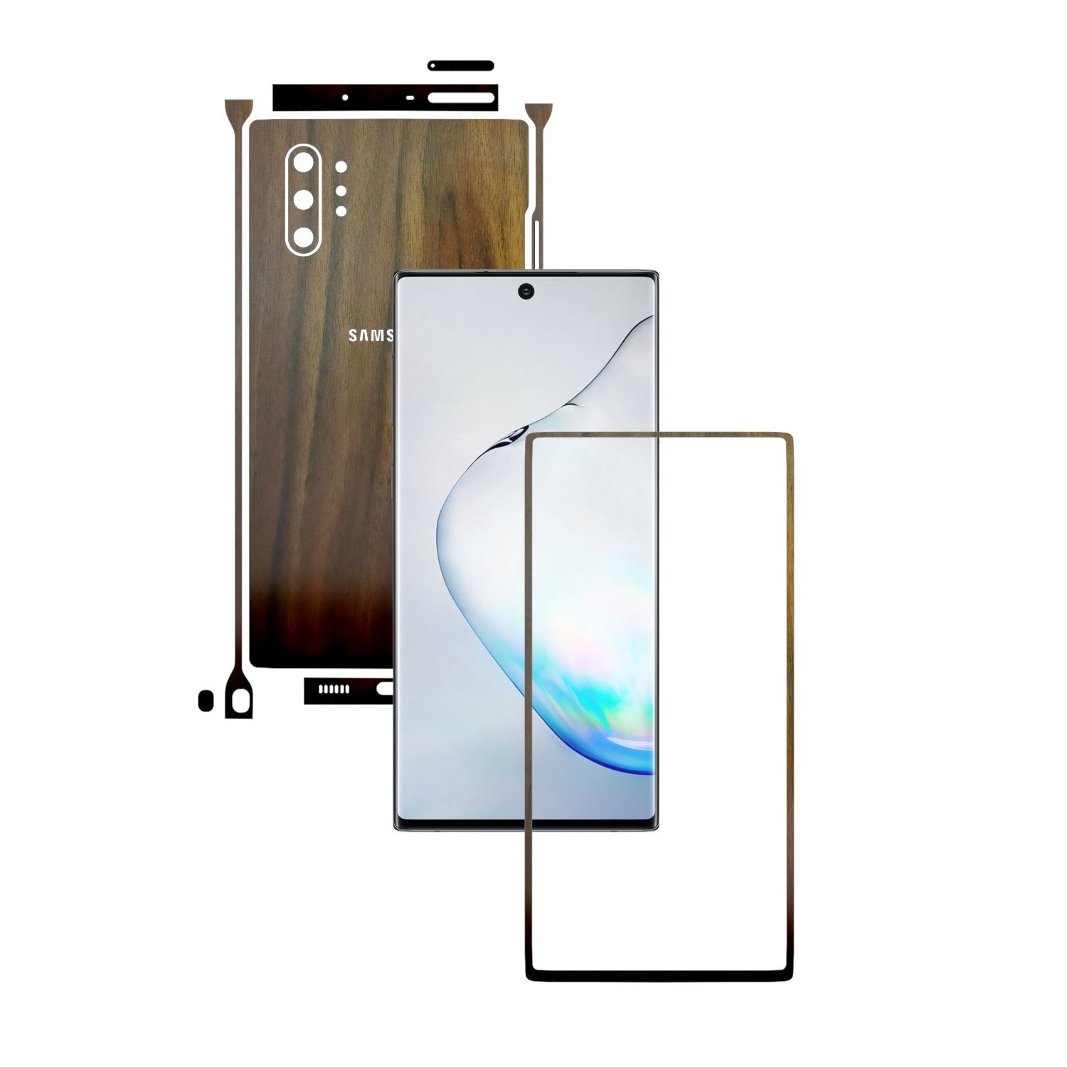Folie Protectie Carbon Skinz pentru Samsung Galaxy Note 10+ Plus (5G) - Lemn Nuc Split Cut, Skin Adeziv Full Body Cover pentru Rama Ecran, Carcasa Spate si Laterale