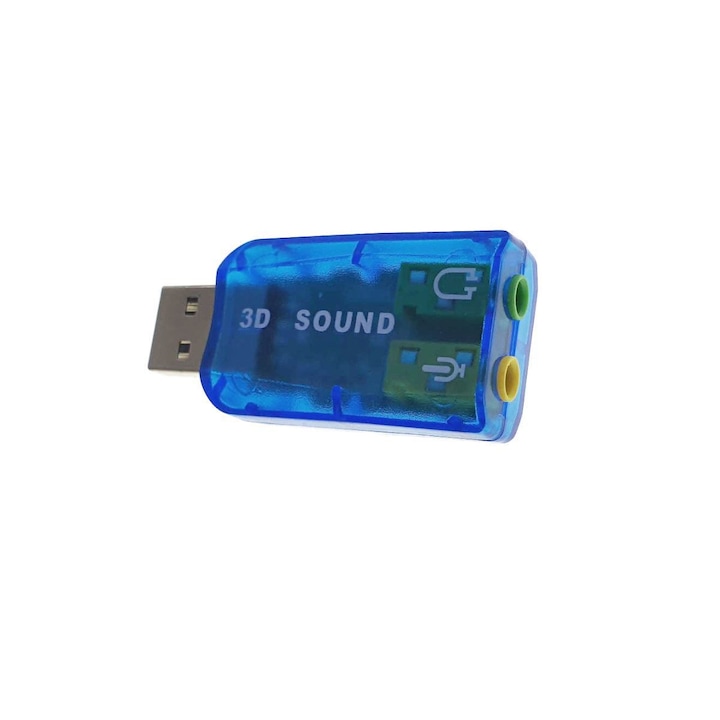 Placa de sunet USB, 3D Sound, intrare microfon 1x jack 3.5mm si iesire audio stereo 1x jack 3.5mm