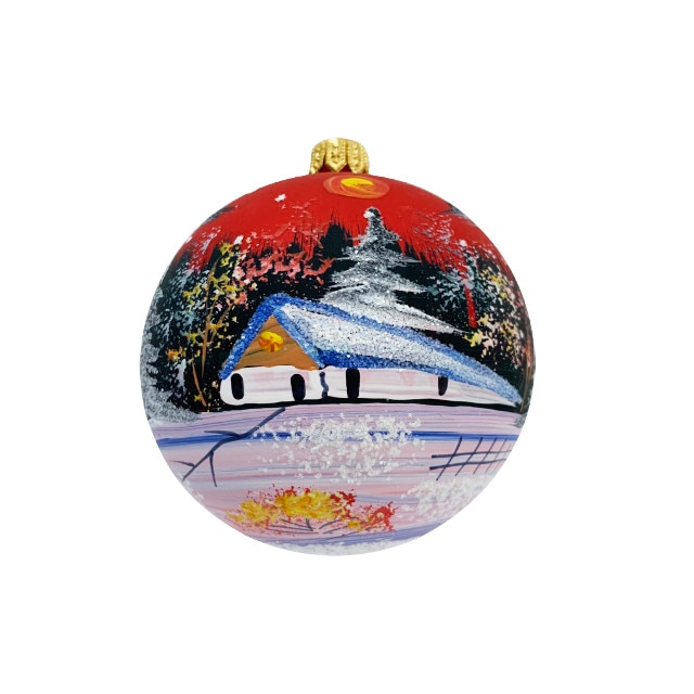 Glob clasic din sticla suflata si pictata manual, Argcoms, Peisaj de iarna, Multicolor, Fond rosu, 80 mm, Rotund