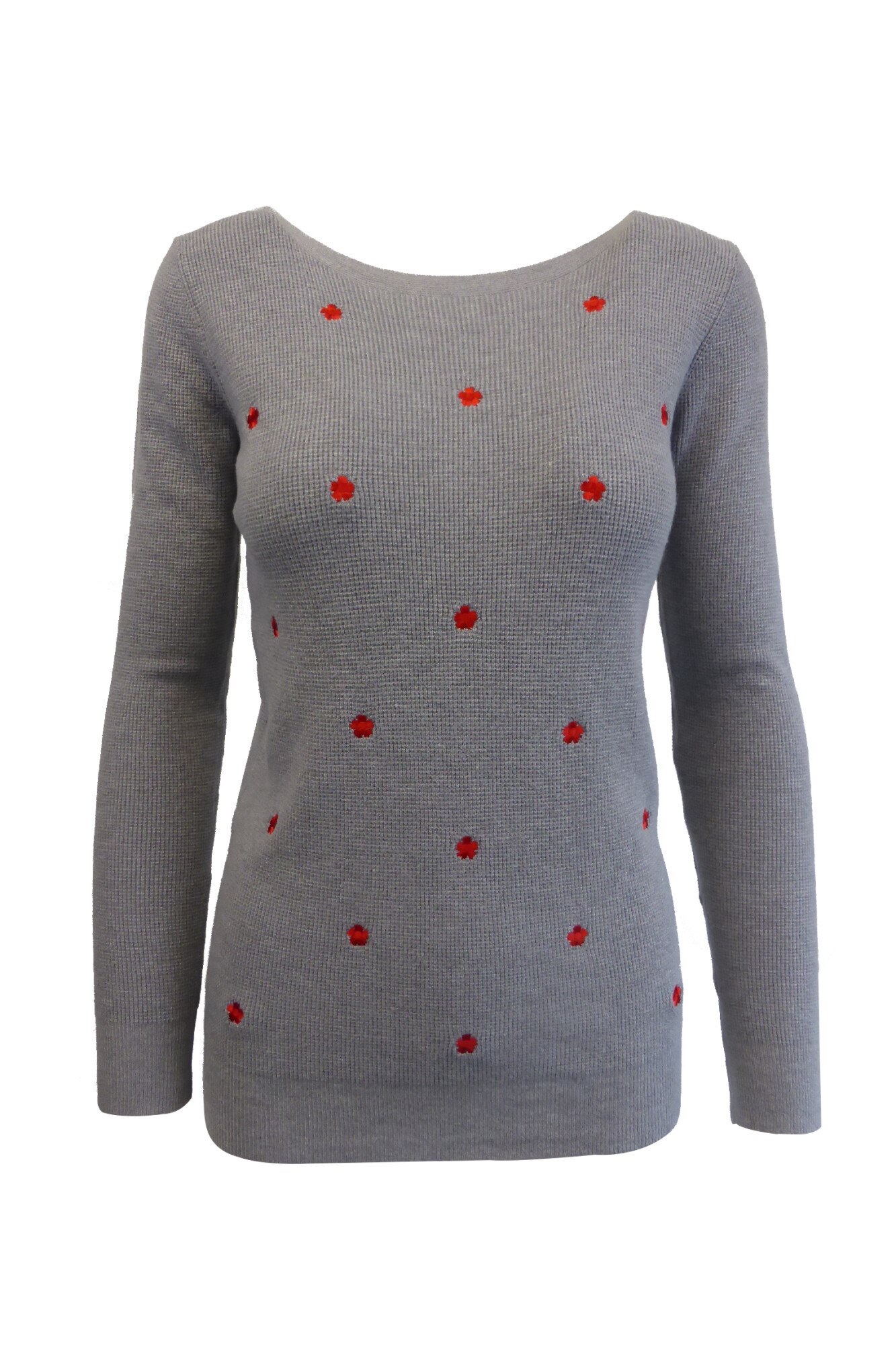 Pulover, Univers Fashion, gri cu flori brodate rosii, S-M