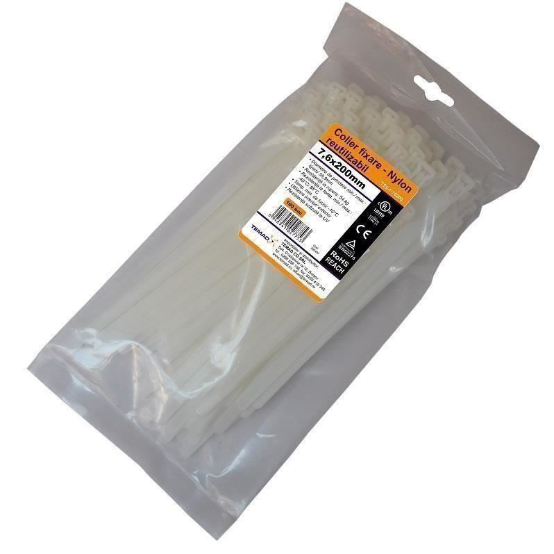 Coliere de fixare din nylon, 7,6x200mm, reutilizabil, 100 buc