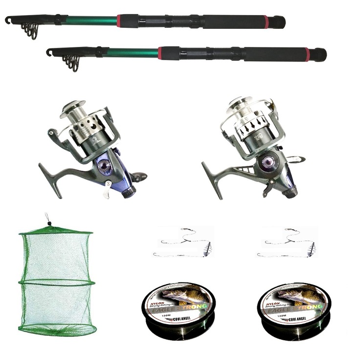 Set de pescuit sportiv cu 2 lansete 3.6m, doua mulinete baitrunner Cool Angel 11 rulmenti si tambur de rezerva