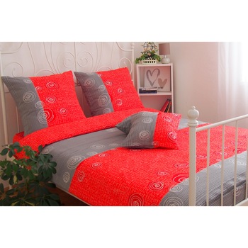 Lenjerie de pat, Partener Tex, Cercuri rosii-gri, bumbac 100% Ranforce Creponat, 2 persoane Lenjerie de pat, Partener Tex, Cercuri rosii-gri, bumbac 100% Ranforce Creponat, 2 persoane