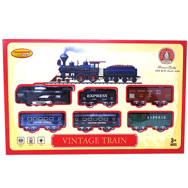 Set Tren Vintage, 1 Locomotiva, 5 Vagoane, Accesorii cu semne de circulatie