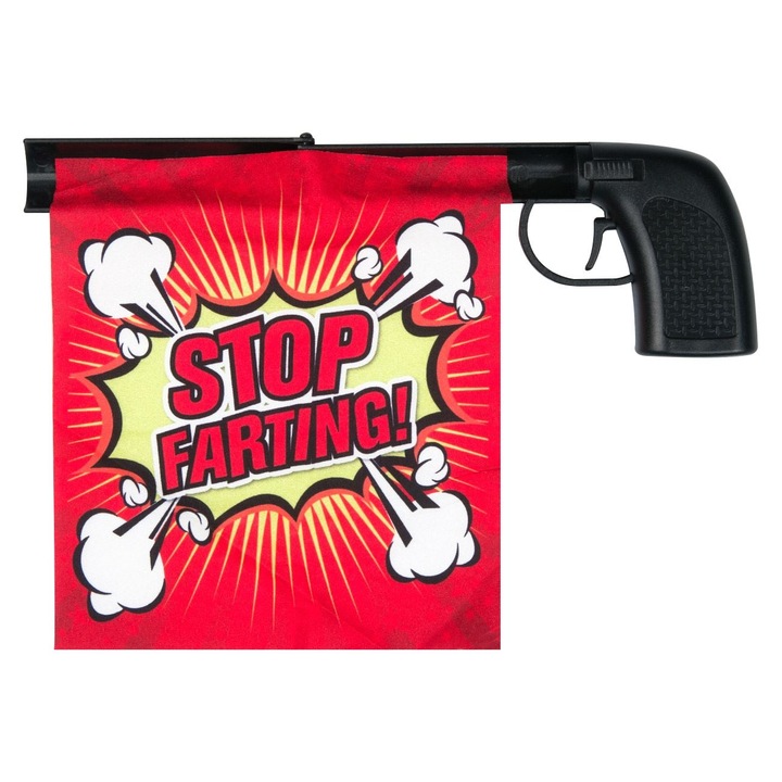 Fekete Stop Farting pisztoly, DecorCasa, 13 x 6,5 cm