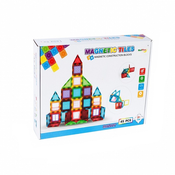 Конструктор MalPlay Magnetic Tiles, 3D, 45 части, Многоцветен