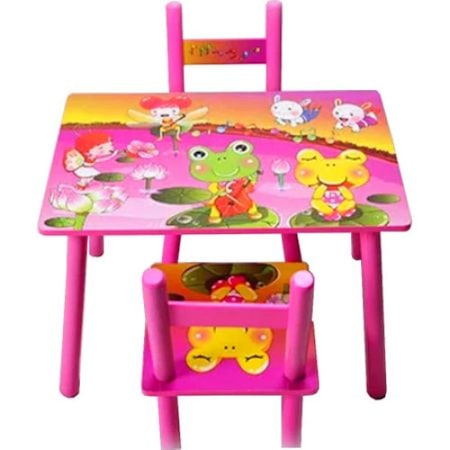 Masuta copii din MDF + Lemn, Model Green Frog, cu doua scaune, , Roz, 1 an +