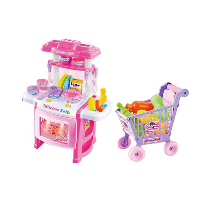 Bucatarie de jucarie 55Cm + 73 accesorii, cu functii sunete si lumini, pentru Baby Copii cadou Paste Craciun Zi de nastere culoare Roz AK6524