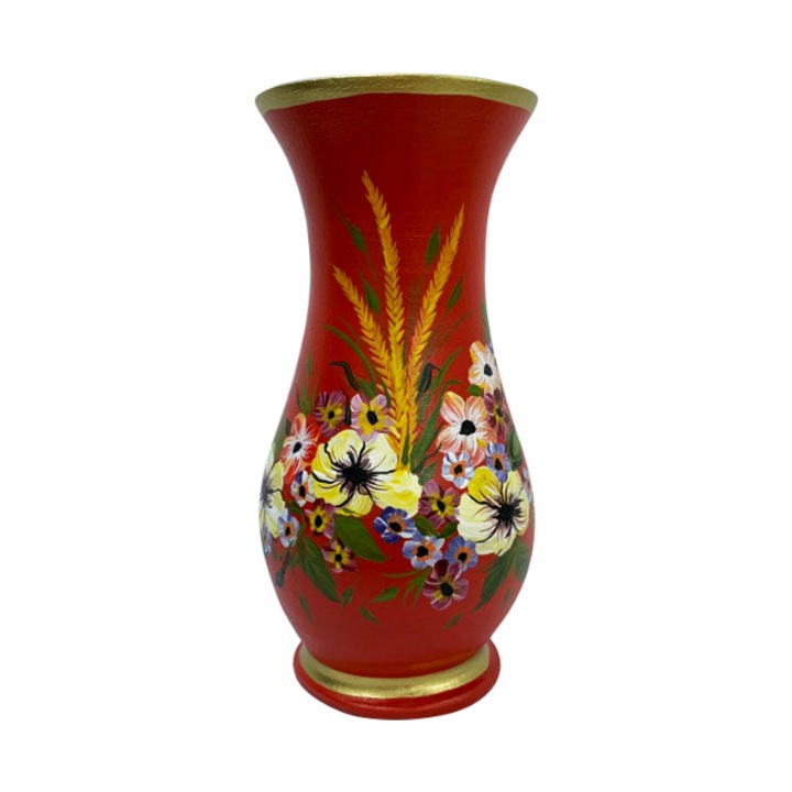 Vaza din ceramica de Arges realizata manual, Argcoms, H30, silueta simpla, pictura florala, rosu