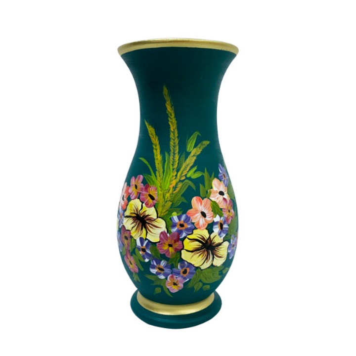 Vaza din ceramica de Arges realizata manual, Argcoms, H30, silueta simpla, pictura florala, verde