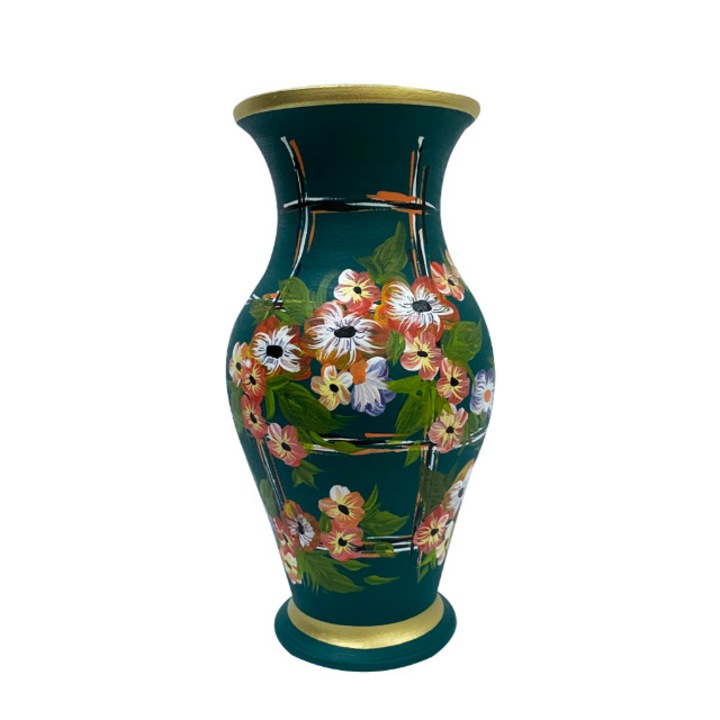 Vaza din ceramica de Arges realizata manual, Argcoms, H30, clasica, pictura florala, verde