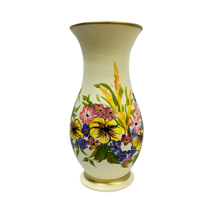 Vaza din ceramica de Arges realizata manual, Argcoms, H30, silueta simpla, pictura florala, crem
