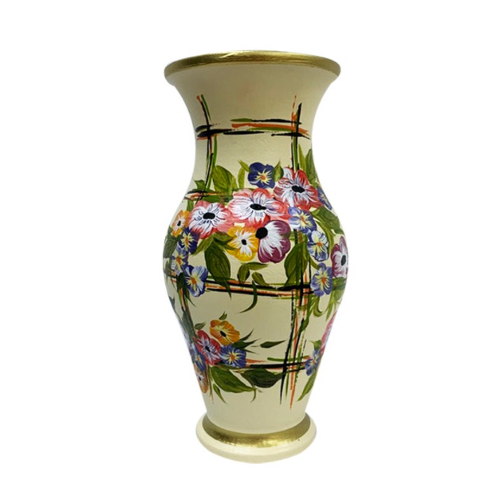 Vaza din ceramica de Arges realizata manual, Argcoms, H30, clasica, pictura florala, crem