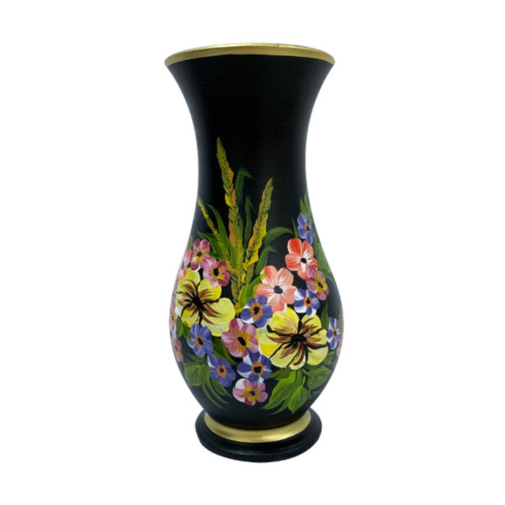 Vaza din ceramica de Arges realizata manual, Argcoms, H30, silueta simpla, pictura florala, negru