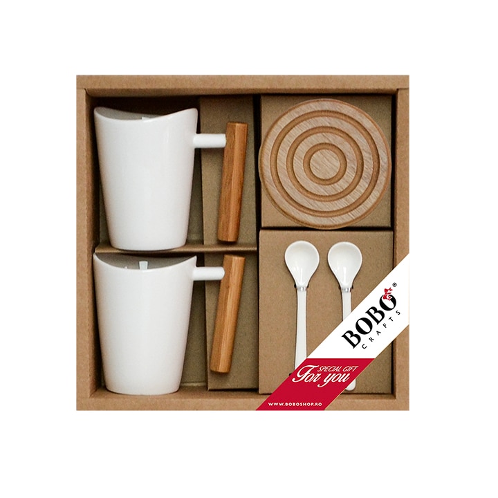 Set Doua Cani Portelan cu Lingurite si Coaster Bobo Crafts, GR171600241, 250ml