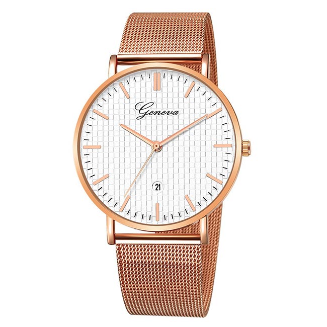 Ceas Geneva Unisex Quartz Casual Elegant Rosegold-alb, PN999517RAB, curea din metal (mesh), afisaj Analog