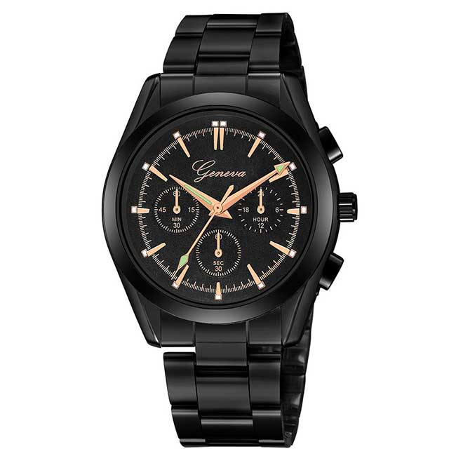 Ceas Geneva Unisex Quartz Casual Elegant Negru, PN999505NU, curea din metal (zale), afisaj Analog