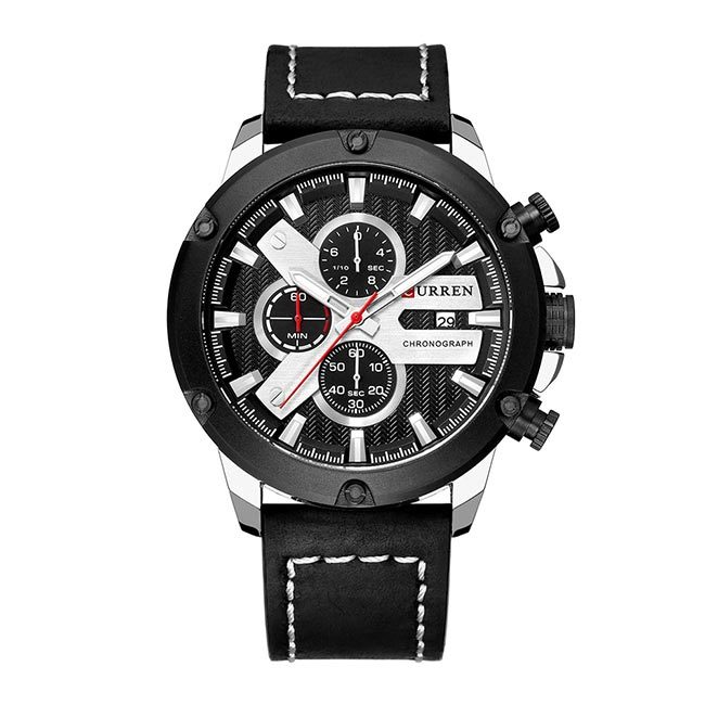 Ceas Curren Barbatesc Quartz Casual Elegant Negru-silver, PN999497NSR, curea din piele, afisaj Analog